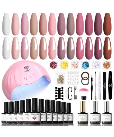 Modelones Gel Nail Polish Kit with U V Light 48W Nail Dryer- 12 Colors Popular Nude Pink Neutral Gel Polish Set with Glossy & Matte Top Base Coat,Manicure Tools Kit,Nail Art Decorations DIY Salon Gift A-Pink, Brown