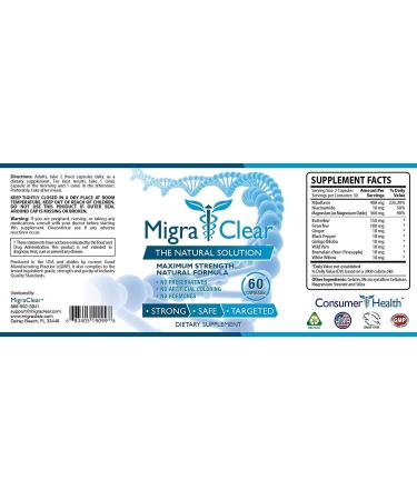 MigraClear 60 Capsules - Natural Migraine Support with Magnesium, Ginkgo Biloba, Ginger & Feverfew - 1 Bottle Pack - Buy Online on GoSupps.com