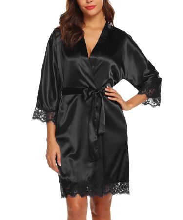 BESDEL Women's Satin Silk Bathrobe Oblique V-Neck Short Kimono Robe Bridesmaids Robe L Black