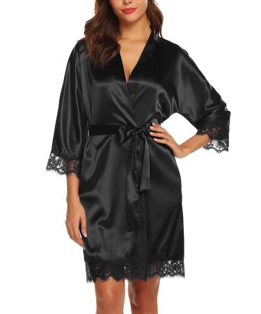 BESDEL Women's Satin Silk Bathrobe Oblique V-Neck Short Kimono Robe Bridesmaids Robe XL Black