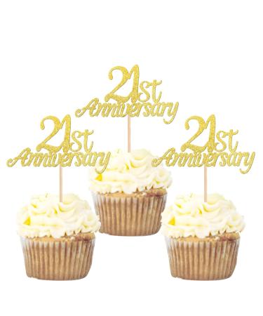 Pack of 24 21 Anniversary Cupcake Toppers Glitter "Happy 21th Anniversary" Cake Toppers Number 21 Eightteen Sweet 21 Birthday Wedding Anniversary Party Cake Decorations Accessories Gold 21st Gold