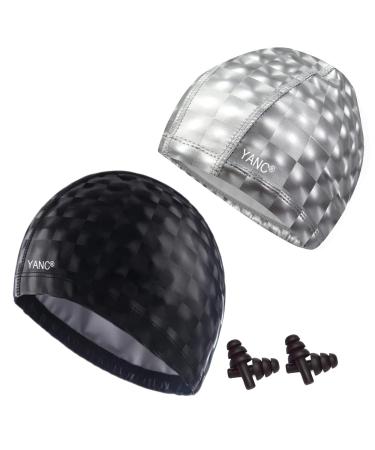 Yanc unisex bathing cap waterproof with earplugs swimming stuff PU coated soft bath hood swimming cap swimming cap for men women young girls long short hair bling silver+bling black