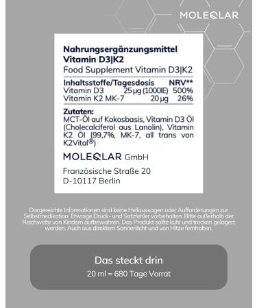  MoleQlar MoleQlar Vitamin D3 K2 Drops - 1000 IU - Vitamin D3 + 20 g - Vitamin K2 M-K7 per drop - Highly bioavailable - Buy Online on GoSupps.com