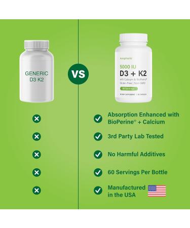 Noophoric D3 K2 Vitamin 5000 IU - Vitamin K2 100 mcg MK7 Calcium BioPerine - Bone Health & Immune Support Supplement - Gluten-Free Non-GMO - Vitamin D3 K2 Supplement (60 Servings) - Buy Online on GoSupps.com