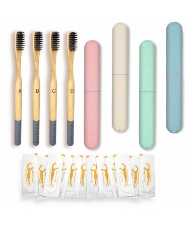 Travel Toothbrush Kit-Toothbrush Case 4 Pack with 4 Bamboo Toothbrush and 10 Dental Floss-Portable Toothbrush Holder for Travel/Camping/School/Home