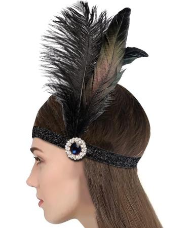 Vintage 1920s Flapper Headband Beaded Tassel Feather Headband Headpiece Black Feather Plastic Glass Hair Band Hair Accessories for Women Ladies Brides Wedding Party Fancy Dress Costume Headwear Black with Gem - Buy Online on GoSupps.com