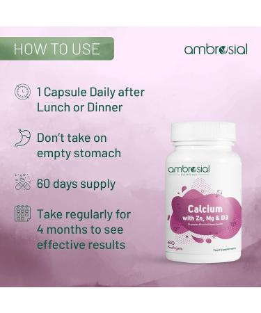 High Potency Calcium Magnesium Zinc & Vitamin D3 Supplement | 60 Softgels for Healthy Bones, Muscles & Teeth - Buy Online on GoSupps.com