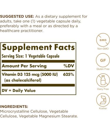 Solgar Vitamin D3 125 mcg (5000 IU) 240 Veg Capsules (Pack of 2) | Bone & Teeth Health, Immune Support | Non-GMO, Gluten-Free | 480 Servings - Buy Online on GoSupps.com
