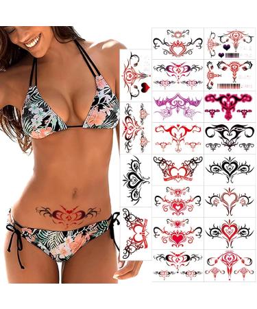 Sexy Navel Temporary Tattoos 20 Sheets Large Black Red Lace Abdomen Waist Waterproof Tattoo Stickers for Women Girl Fake Body Tattoos (Lace heart-20)