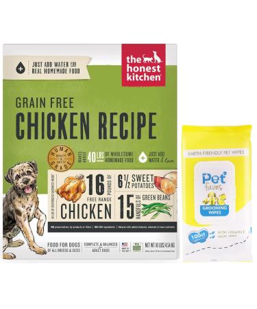 Human Grade Dehydrated Grain Free Dog Food Complete Meal or Dog Food Topper Chicken 10 lb (Makes 40 lbs) with 100ct PetWipes