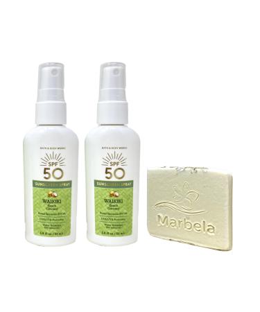 Bath & Body Works Waikiki Beach Coconut SPF 50 Sunscreen Spray 2 Pack Travel Size with a Natural Oats Sample Soap