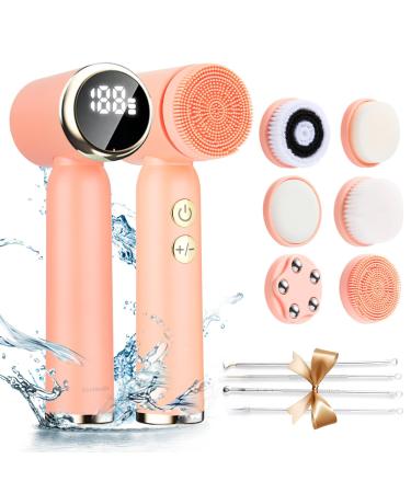 Facial Cleansing Brush Electric Face Spin Cleanser Brushes with 6 Brush Heads for Deep Cleansing Waterproof Facial Brush Silicone Face Scrubber-Gentle Exfoliating Removing Blackhead Massaging B2-pink