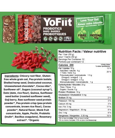 YoFiit Vegan Protein Breakfast Bars - Chocolate Goji (12 Pack) | High Fiber, Low Sugar, Gluten Free Snacks with Prebiotics & Probiotics for Healthy Digestion - Buy Online on GoSupps.com