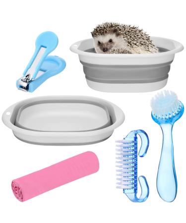 5 Pcs Hedgehog Bath Supplies Hamster Sand Bath Small Animal Pet Bathroom Include Foldable Bathtub, 2 Pcs Cleaning Brush Tool, Bath Towel, Clippers Claw Trimmer for Hamster Gerbil Squirrel(Gray-White)