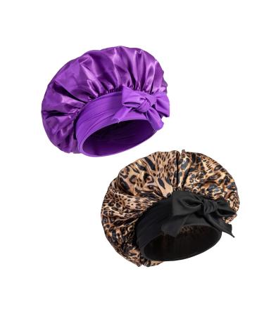Women Satin Bonnet - Large Satin Bonnets for Braids for Sleeping Black Women Satin Silk Bonnet with Stretchy Tie Band - Bonnets for Black Women (Purple & Leopard)