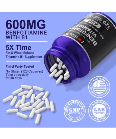 Benfotiamine 600mg Plus 20mg Vitamin B1 | 120 Veggie Capsules | Made in USA | 3rd Party Tested | Fat Soluble Essential Vitamin B1 Thiamine Supplement | Non-GMO | Gluten Free-Vegetarian Friendly Benfotiamine 600mg + 20mg Vit  - Buy Online on GoSupps.com