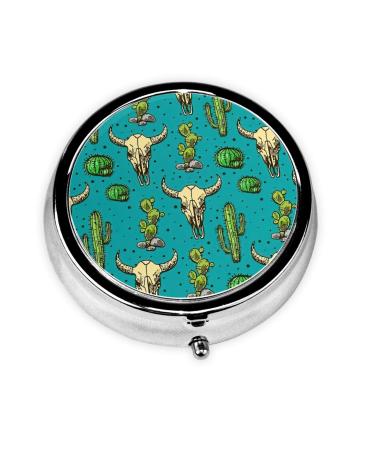 Cute Cactus and Skull of Bull Portable Round Pill Box - Lightweight and Moisture-Proof Perfect for Organizing Vitamins Cute Cactus and Skull of Bull One Size