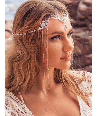 Jovono Boho Crystal Head Chain Silver Wedding Bridal Tassel Headpiece Rhinestone Headpiece Festival Costume Hair accessories for Women - Buy Online on GoSupps.com