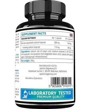Sodium Butyrate High Dose 570 mg (30% Butyric Acid) 240 Vegan Capsules 8 Month Supply Sodium Supplement to Support Intestinal Barrier Regeneration - by Apollo's Hegemony - Buy Online on GoSupps.com