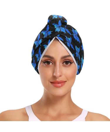 Blue Butterfly Black Hair Towel 2 Pack Super Absorbent Hair Drying Towel Quick Dry Hair Turbans Head Towel with Button Twisty Wrap for Women Girls