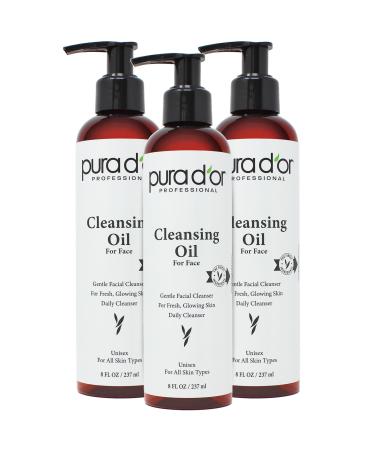PURA D'OR Facial Cleansing Oil (8 Oz x3 24 Oz) Nourishing Botanical Blend with & Vitamin Jojoba and Sunflower Oil - Gentle Makeup Remover & Deep Cleanser For Healthy Glowing Skin - Paraben-Free
