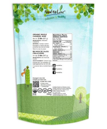 Organic Raw Cashews 2 Pounds - Non-GMO Whole Large Premium Fancy Nuts | Kosher Vegan Bulk Low Sodium | High Protein & Nutrient Rich | 2 lb Pack - Buy Online on GoSupps.com