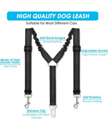 Lukovee Reflective Double Car Seatbelt for 2 Dogs | Adjustable Anti-Shock Bungee Buffer | Safety Travel Belt for Medium Dogs | Black - Buy Online on GoSupps.com