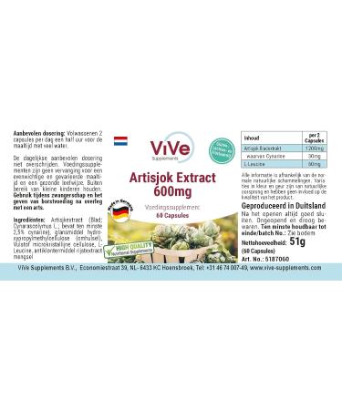 Artichoke Extract 600 mg - Vegan Capsules (60) | Standardized 2.5% Cynarin | High Quality from Germany - Vive Supplements - Buy Online on GoSupps.com