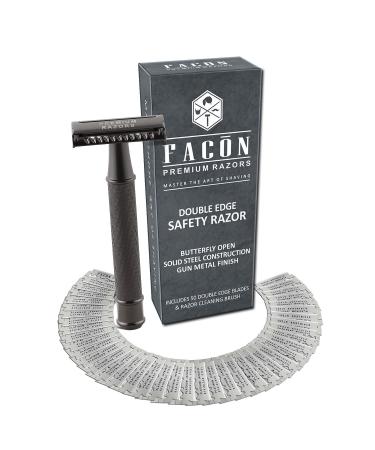 50 BLADES + Facón Vintage Long Handle Double Edge Safety Razor - Platinum Japanese Stainless Steel Blades - Butterfly Open Shaving Razor for Smooth Wet Shaving Experience - 200+ Shaves