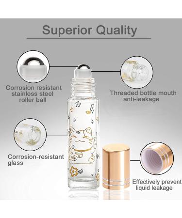 Alledomain 10Pcs 10ml Essential Oils Roller Bottles Clear Glass Roll on Bottles with Lucky Cat Pattern & Stainless Steel Roller & Silver Cap for Aromatherapy - Include Label Dropper & Opener - Buy Online on GoSupps.com