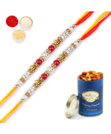Ghasitaram Gifts Rakhi for Brother Rakhis Online -Set of 2-6981 Fancy Thread Rakhi with 100 GMS of Dryfruits Mix Can