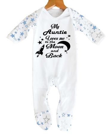 'My Auntie Loves Me to The Moon and Back' Baby Boy Girl Sleepsuit Designed and Printed in the UK Using 100% Fine Combed Cotton 6-12 Months White/Blue Stars