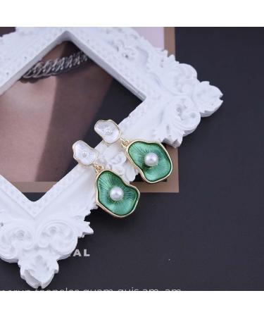 Vintage Green Lotus Leaf Pearl Drop Earrings - Enamel Flower Jewelry for Women - Buy Online on GoSupps.com