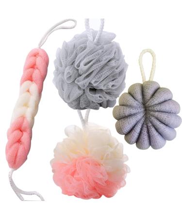 4 packs bathroom shower luffa sponge peeling body scrubber and long stretch sponge with rope handles for men and women (pink+gray)