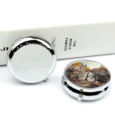 Round Pill Box with Amsterdam Bicycle Print | 3 Compartment Decorative Metal Pill Organizer | Portable Pocket Pill Case - Buy Online on GoSupps.com