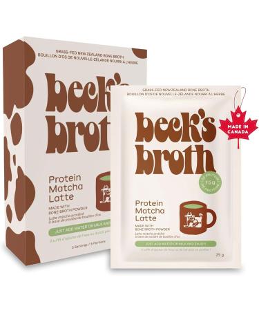 Beck's Broth Matcha Latte - Bone Broth Powder Sachets (5-Pack) | 15g of Protein Per Serving | All Natural Pasture Raised Beef Broth | Dairy Free Gluten Free | Organic Matcha Powder | Rich & Smooth
