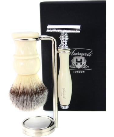 3 Piece Ivory Shaving Set - DE Safety Razor Synthetic Brush & Stand (No Blades Included) | Premium Grooming Essentials - Buy Online on GoSupps.com