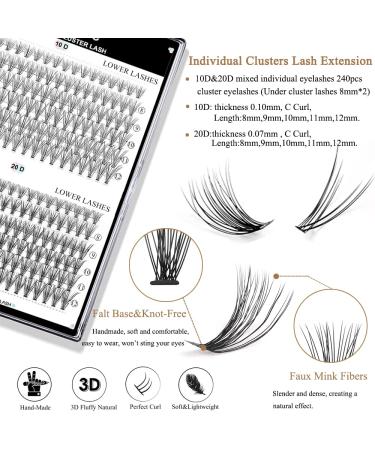 DIY Lash Extension Set - Missicee 240 Pieces 10D/20D Cluster Lashes (8-12mm) with Tweezers & Spiral Brush | High-Quality False Eyelashes for Easy Application - Buy Online on GoSupps.com