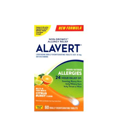 Alavert Allergy Relief 24-Hour Non-Drowsy Tablets Loratadine 10 mg Antihistamine Citrus Burst Flavor 60 Tablets