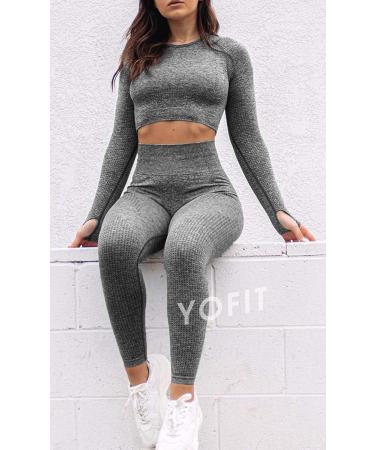 YOFIT Women's Seamless High Waist Yoga Leggings & Crop Top Set - Grey - Buy Online on GoSupps.com