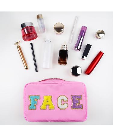 Nylon Waterproof Preppy Makeup Bag - Girls Chenille Letter Travel Organizer Pouch for Toiletries & Cosmetics, Pink-Face - Buy Online on GoSupps.com