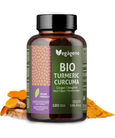 Organic Turmeric 180 Capsules with Ginger and Black Pepper, Eco-Friendly, High Concentration, Maximum Absorbency, No Additives, Non-GMO, Vegan