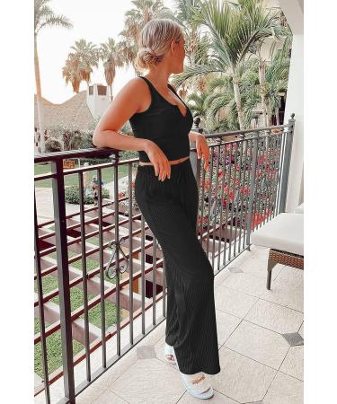 PRETTYGARDEN Women's Summer Casual Two Piece Outfit | Tank Top & Ribbed Knit Long Pants Set | Black Medium Tracksuit - Buy Online on GoSupps.com