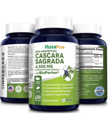 NusaPure Cascara Sagrada 500mg Veggie Caps - 250 Vcaps, Bioperine, Non-GMO Gluten Free Extract 10:1 - Buy Online on GoSupps.com