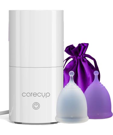 Carecup Menstrual Cup Sterilizer - Modern Menstrual Cup Cleaner Unscented Sanitizer - 2-Minute Automatic Steam Wash - Holder Fits Small Soft & Large Period Disc - 99.9% of Germs (Steamer + Cups)