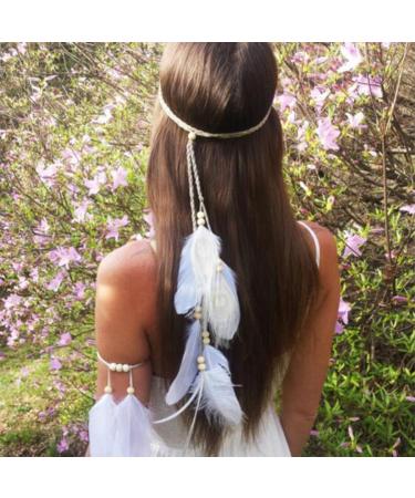 Yean Boho Feather Headband Indian Hippie Headpiece White Feather Head Chain Beads Hair Band Headdress Accessories for Masquerade Halloween Costume Parties