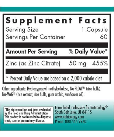 Nutricology Zinc Citrate 50mg - 60 Vegetarian Capsules for Immune Support - Buy Online on GoSupps.com