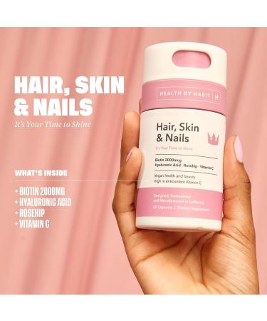 Health By Habit Hair Skin and Nails Supplement - 60 Capsules with Biotin, Vitamins A, B, C, Hyaluronic Acid, Vegan, Non-GMO, Sugar Free - 1 Pack, 60 Count - Buy Online on GoSupps.com