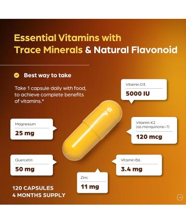 Sandhu's Vitamin D3 K2 Magnesium 5000 IU 120mcg K2 Capsules 120 Count (Pack of 1) | with VIT B6 Zinc & Quercetin | D3K2 Supports Superior Absorption Energy Immune Muscle Health for Men & Women 5000 IU Capsules 120 Coun  - Buy Online on GoSupps.com