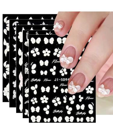 JMEOWIO 6 Sheets 3D Embossed Flower Butterfly Nail Art Stickers Decals Self-Adhesive 5D Spring White Floral Nail Supplies Nail Art Design Decoration Accessories
